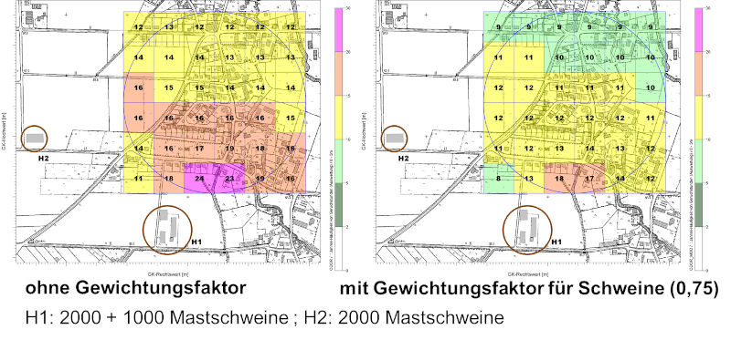 Odour immission frequencies [%] calculated by dispersion modelling for two pig farms without (left) and with a weighting f